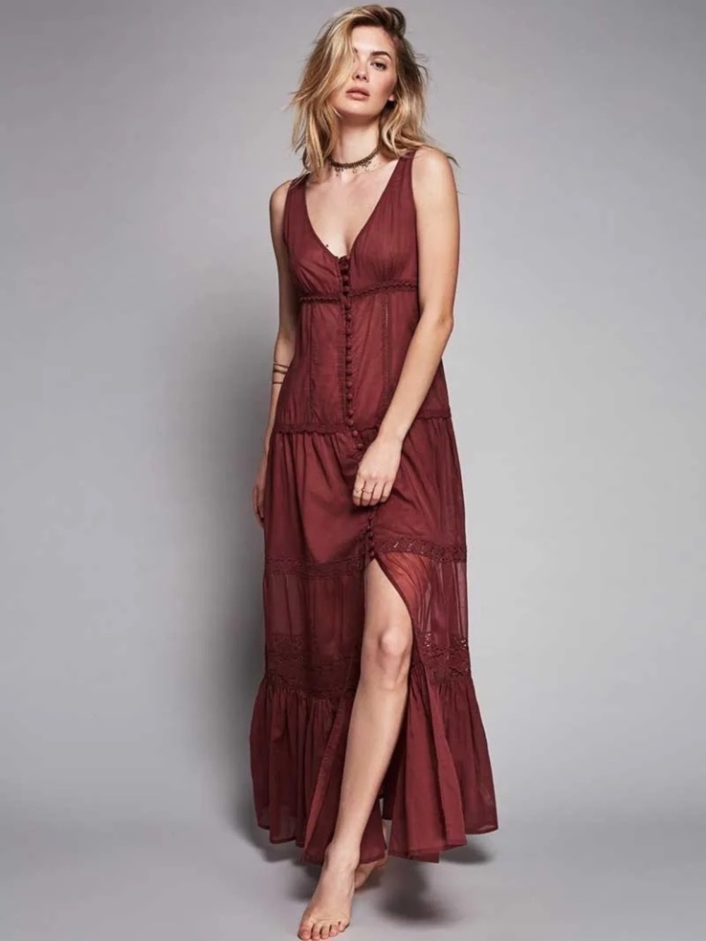 Free People Sleeveless Maxi Dress in Burgundy